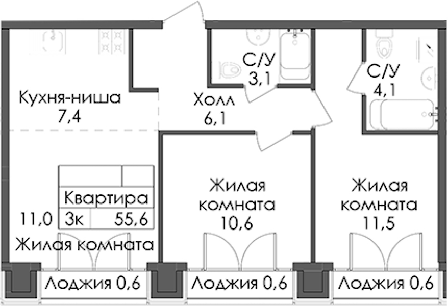 2-комнатная квартира 55.6 м², 9/9 эт., ЖК «Лермонтовский 54»
